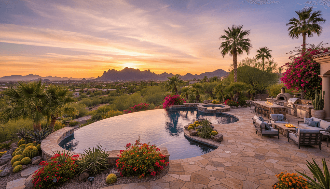 Luxurious backyard landscape with infinity pool and mountain views